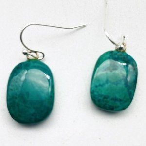 Green Stone Dangle Earrings Pierced Silver Tone Ethnic Native Tribal Southwest